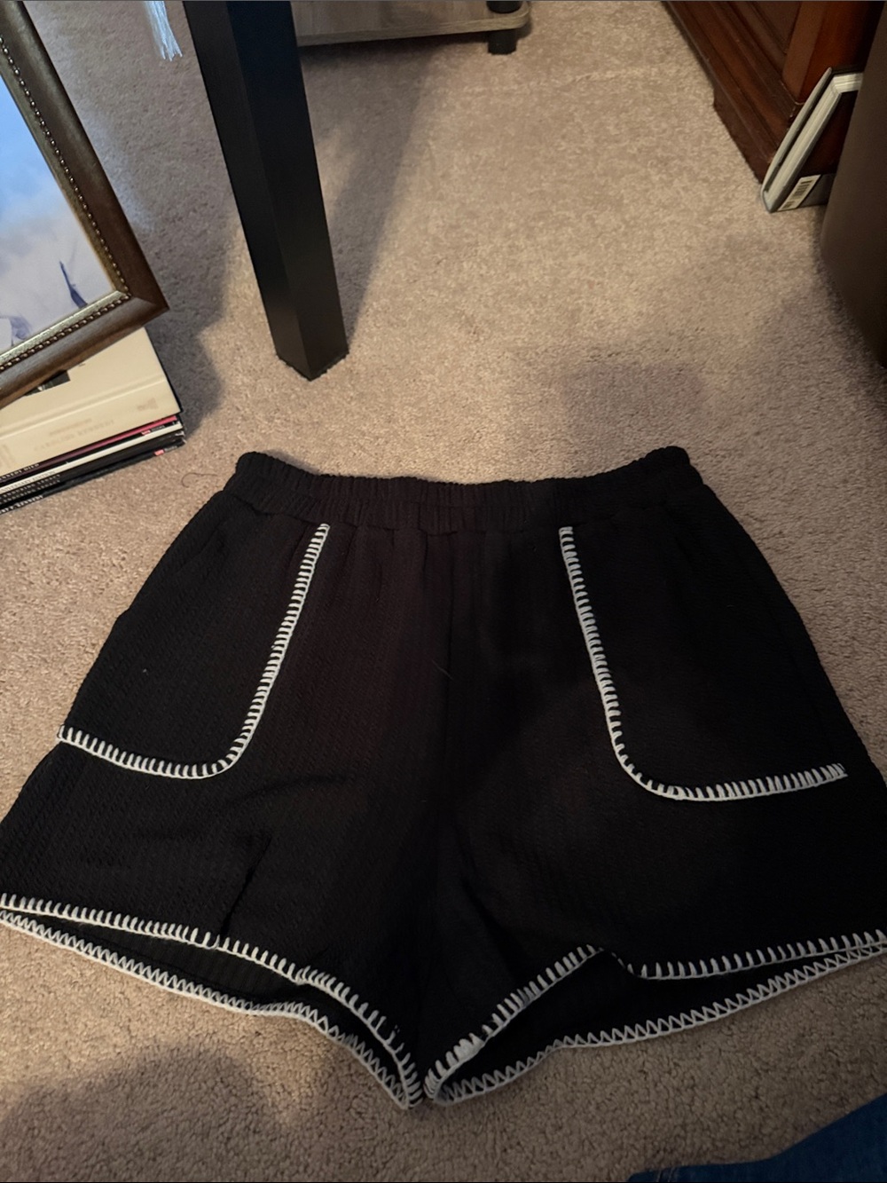 Black Knit Athletic Shorts with White Stitch Trim